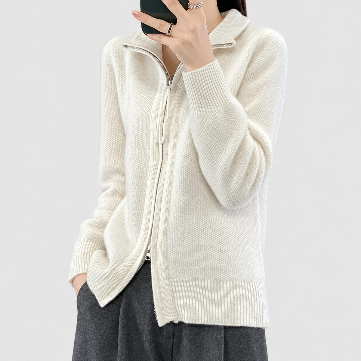 Leandra | Women’s Zip-Through Mock-Neck Cardigan — White