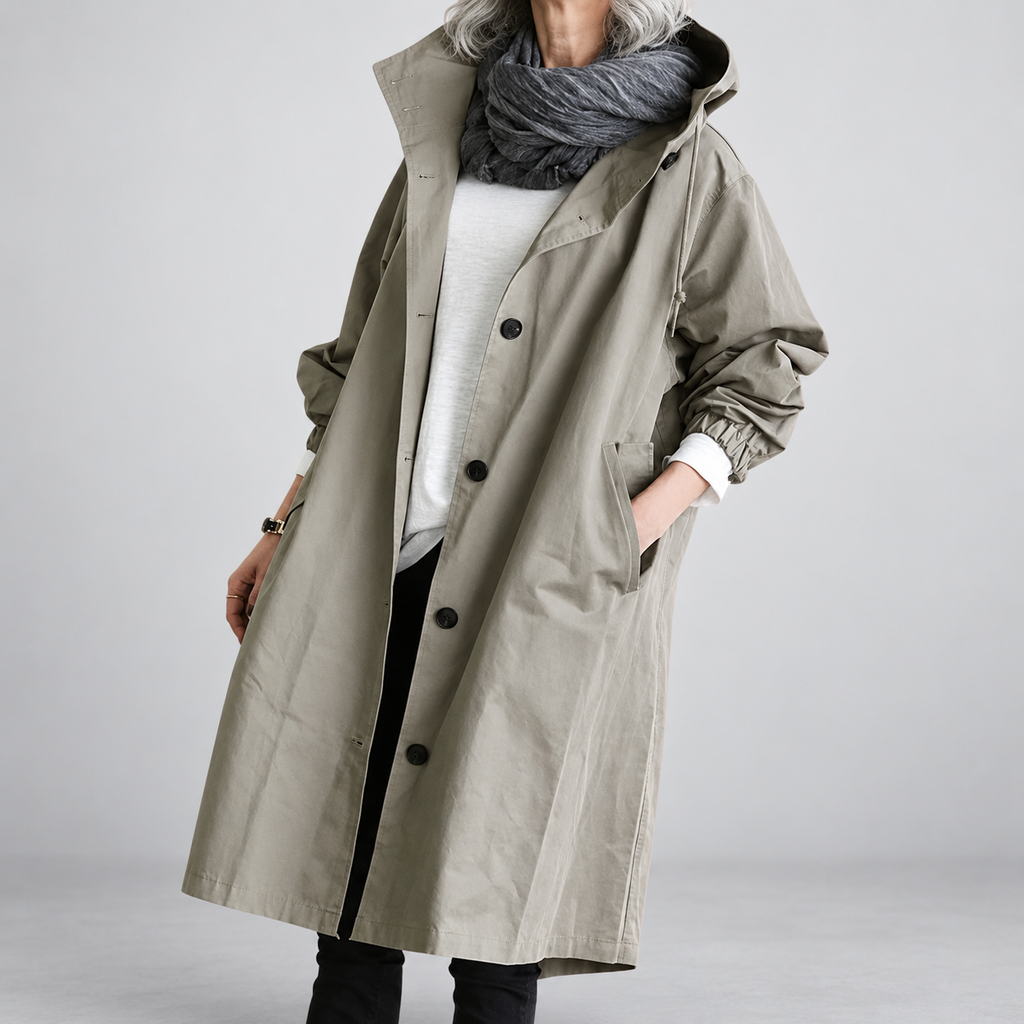 Lenna | Women’s Hooded Oversized Long Trench Coat — Grey
