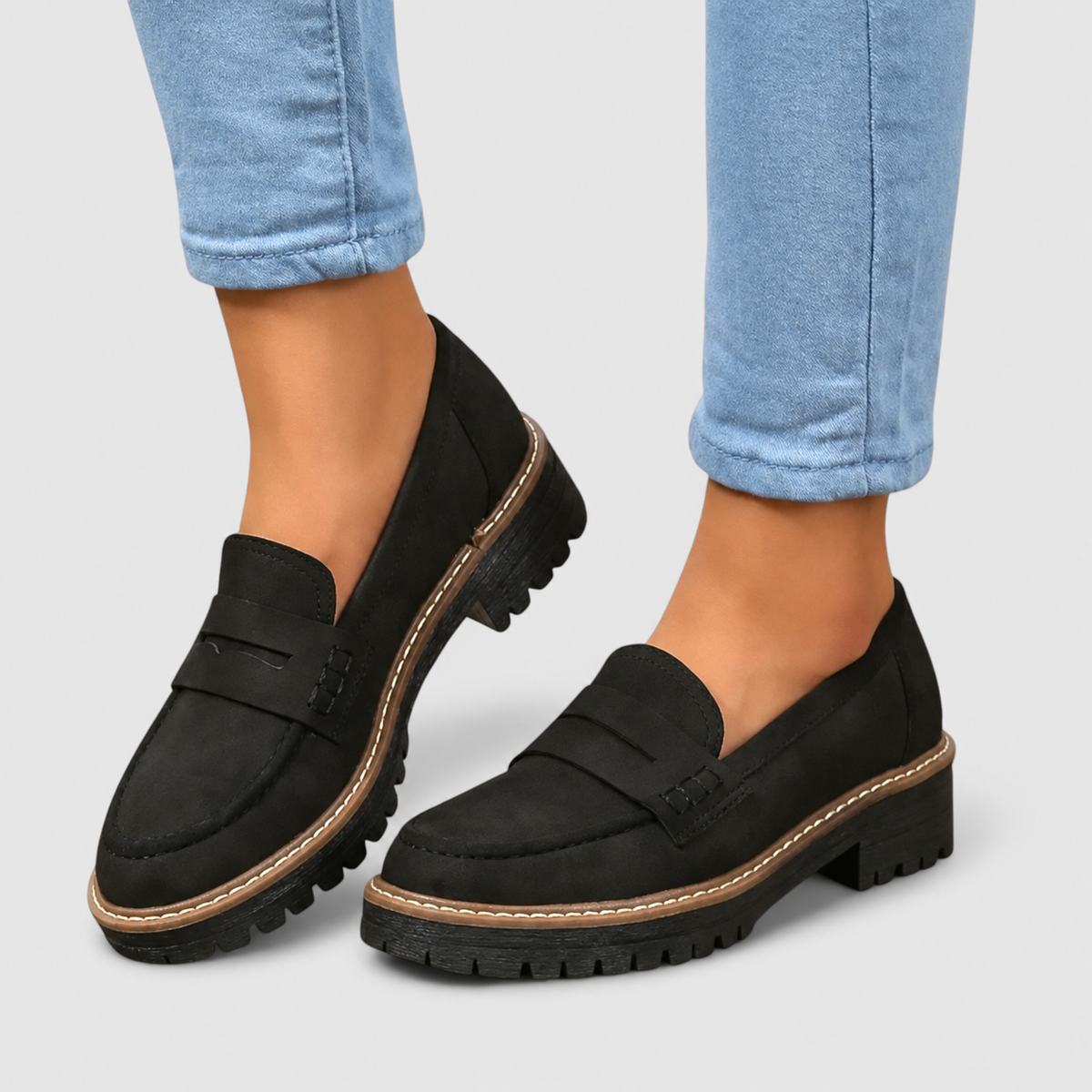 Lenora | Women’s Slip-On Loafers with Treaded Sole — Black