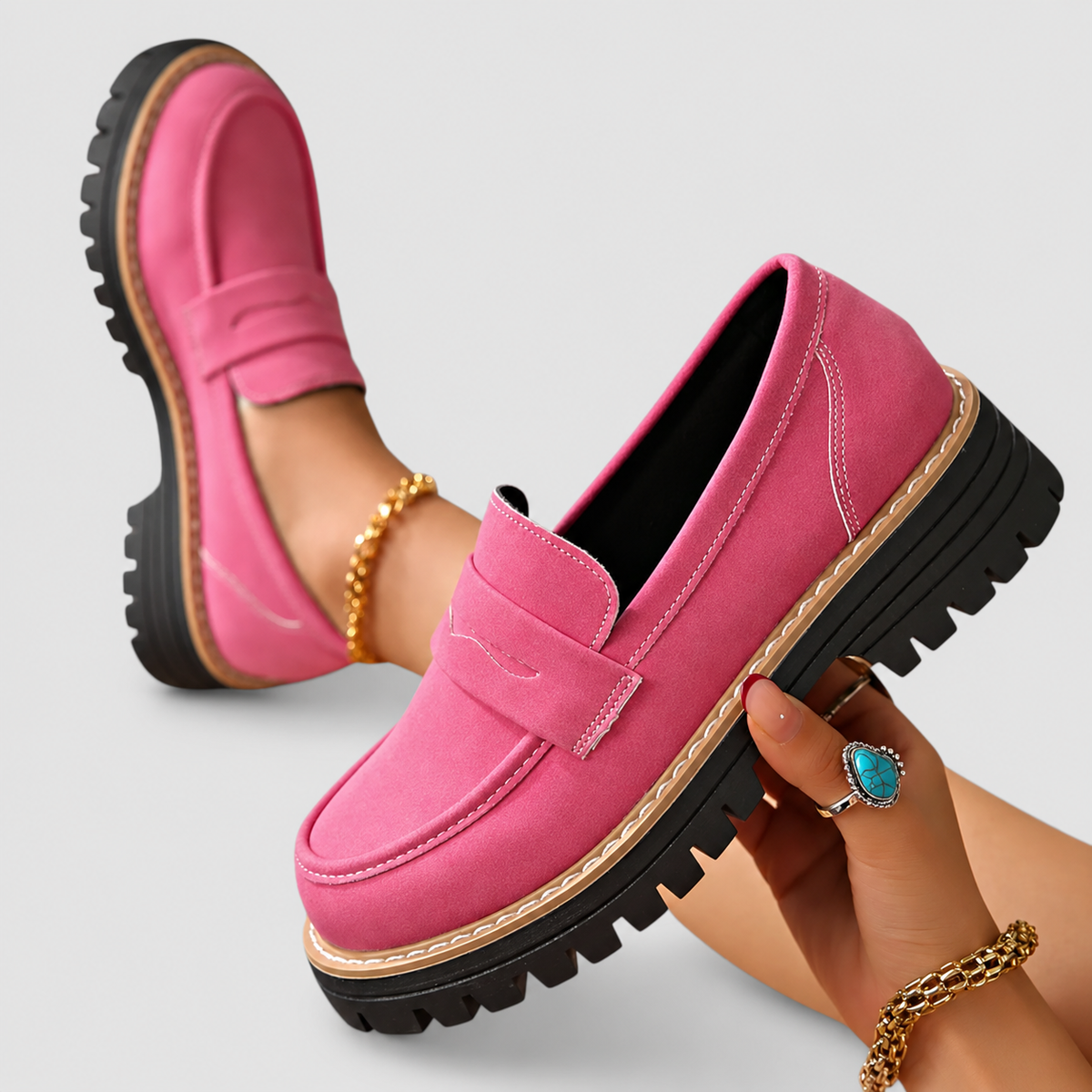 Lenora | Women’s Slip-On Loafers with Treaded Sole — Pink