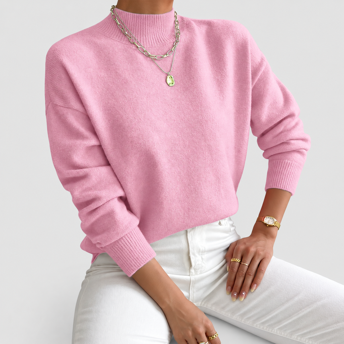 Leonie | Women’s Classic High-Neck Knit Sweater — Light Pink