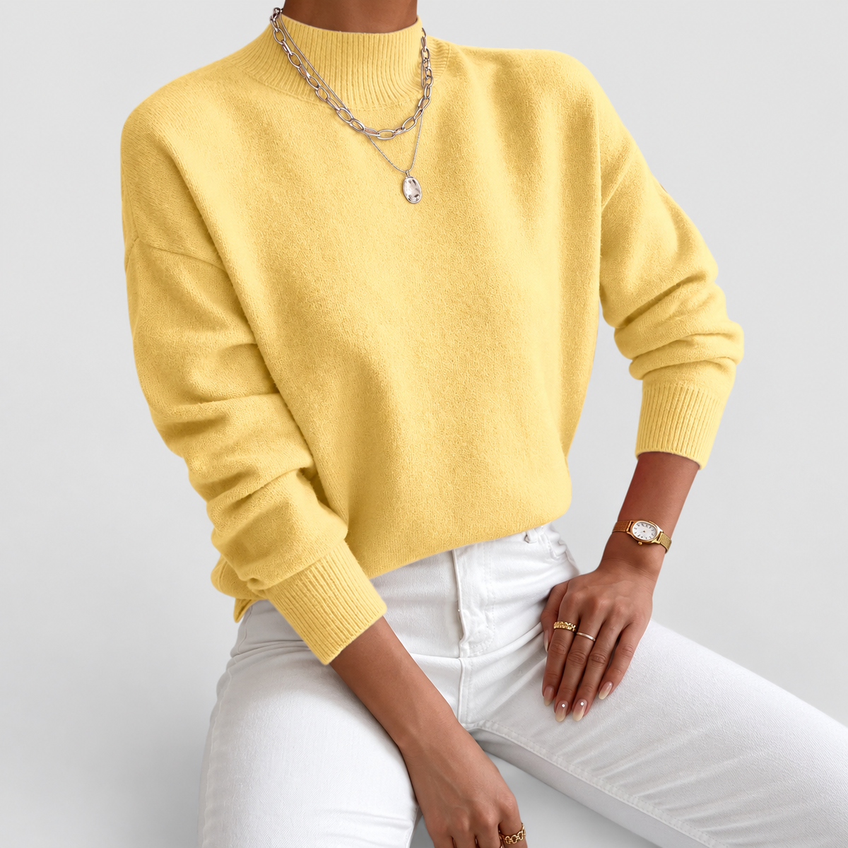Leonie | Women’s Classic High-Neck Knit Sweater — Yellow