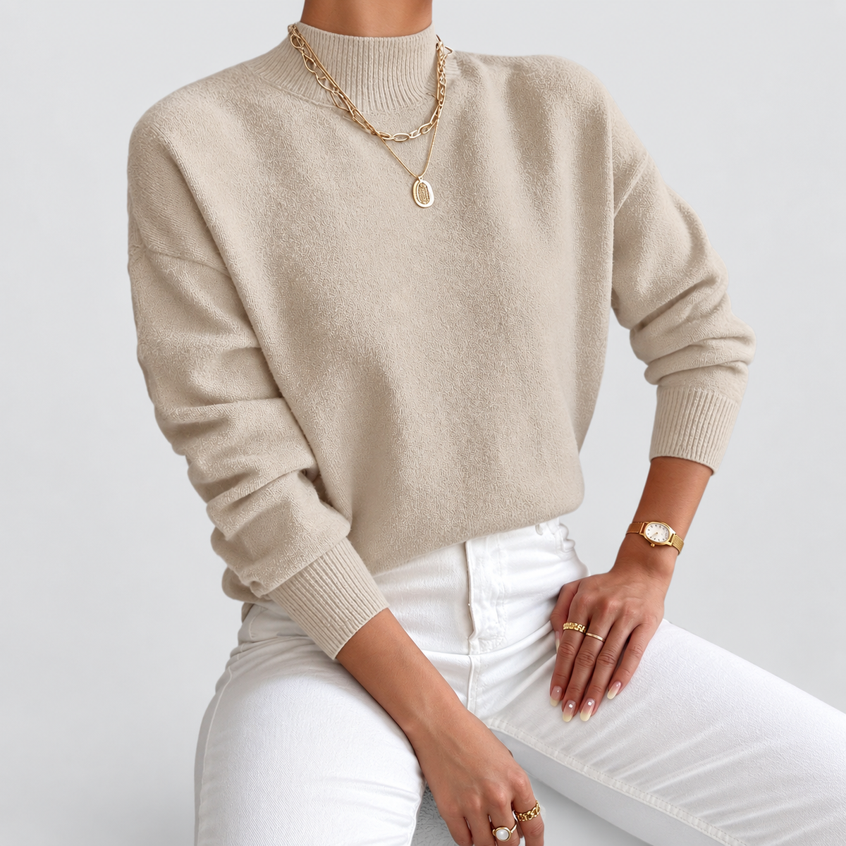 Leonie | Women’s Classic High-Neck Knit Sweater — Beige