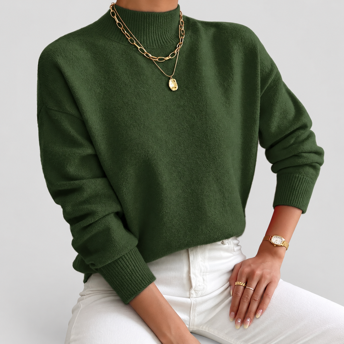 Leonie | Women’s Classic High-Neck Knit Sweater — Green