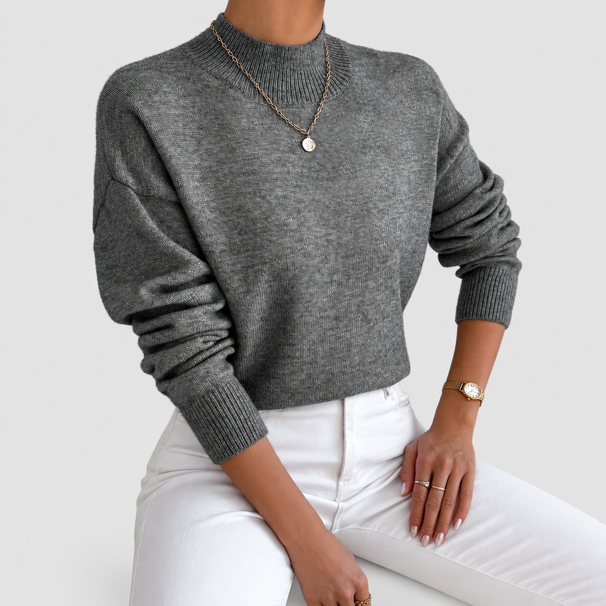 Leonie | Women’s Classic High-Neck Knit Sweater — Dark Grey