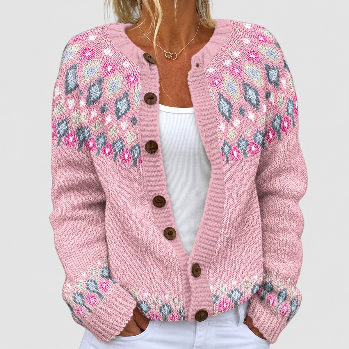 Leonora | Women’s Patterned Button-Front Knit Cardigan — Pink