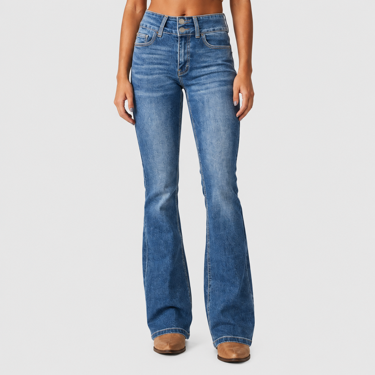 Leora | Women’s Flare Jeans with Double-Button Waist — Blue