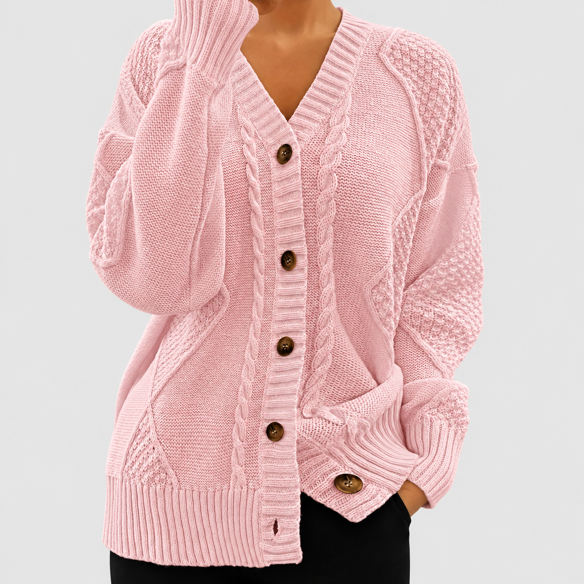 Letitia | Women’s Textured Cable-Knit V-Neck Cardigan — product detail 3