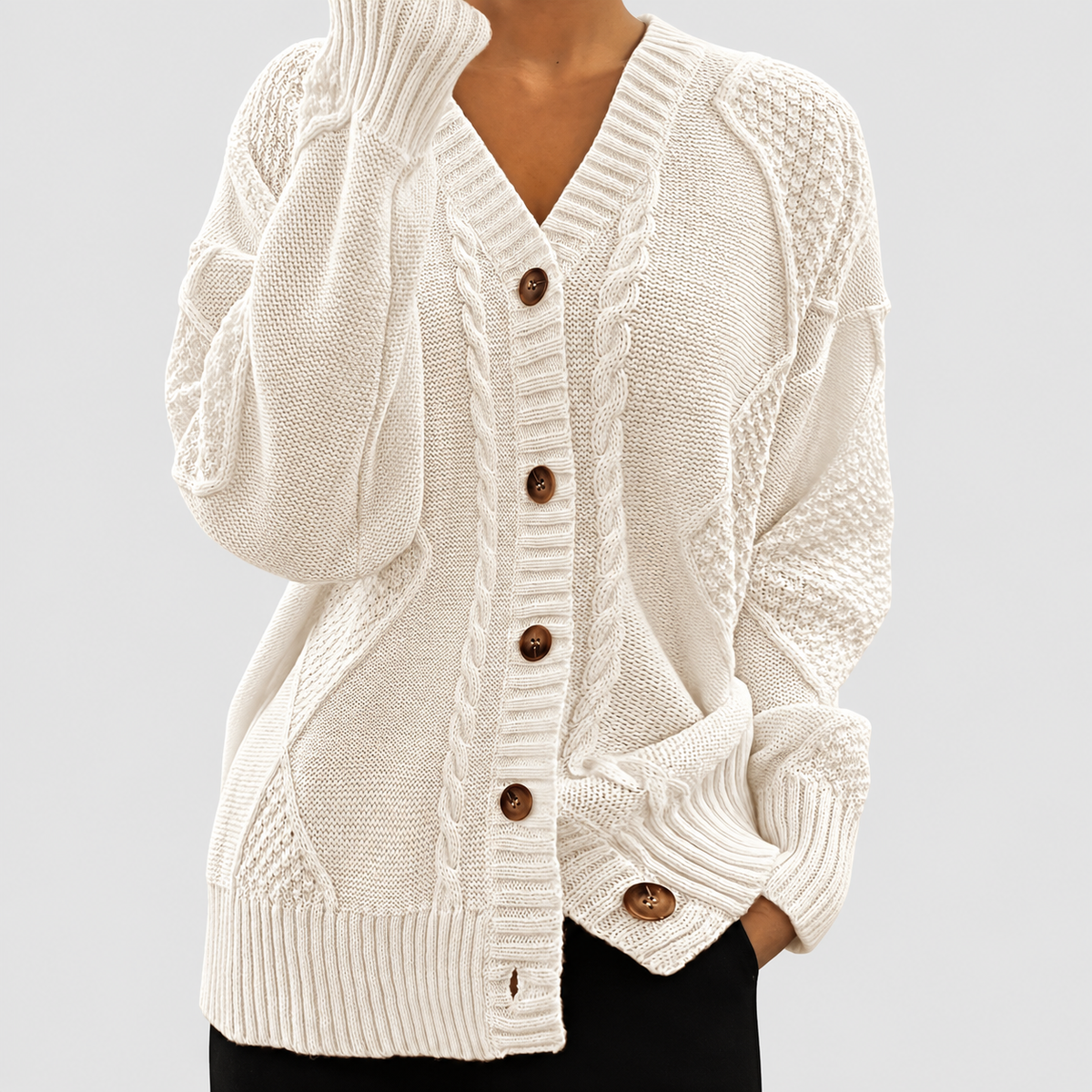 Letitia | Women’s Textured Cable-Knit V-Neck Cardigan — product detail 4