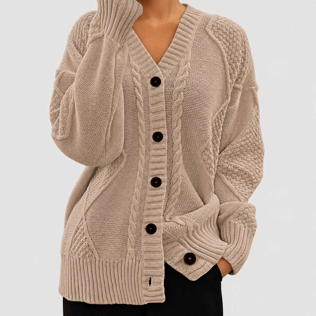 Letitia | Women’s Textured Cable-Knit V-Neck Cardigan — product detail 8