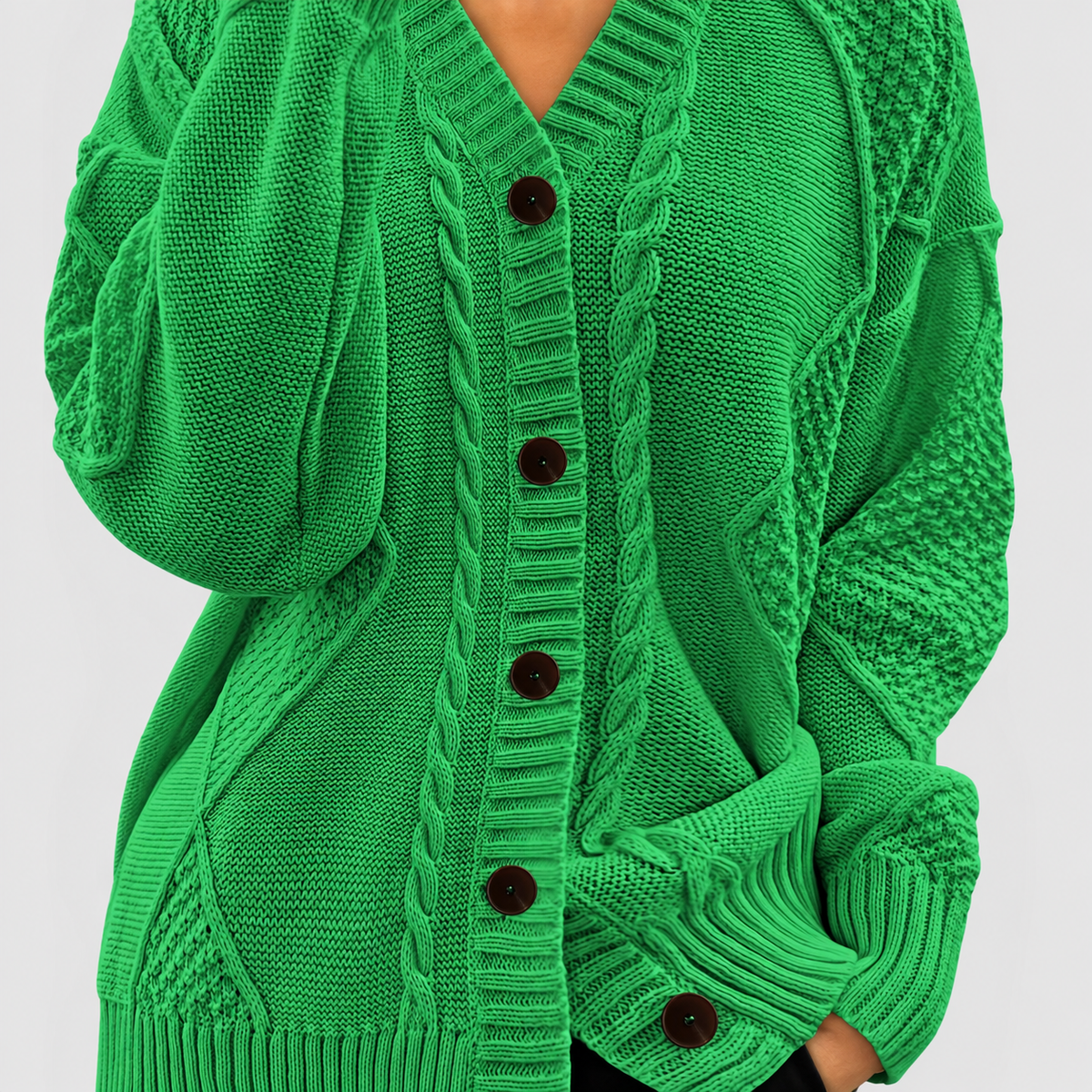 Letitia | Women’s Textured Cable-Knit V-Neck Cardigan — Emerald Green