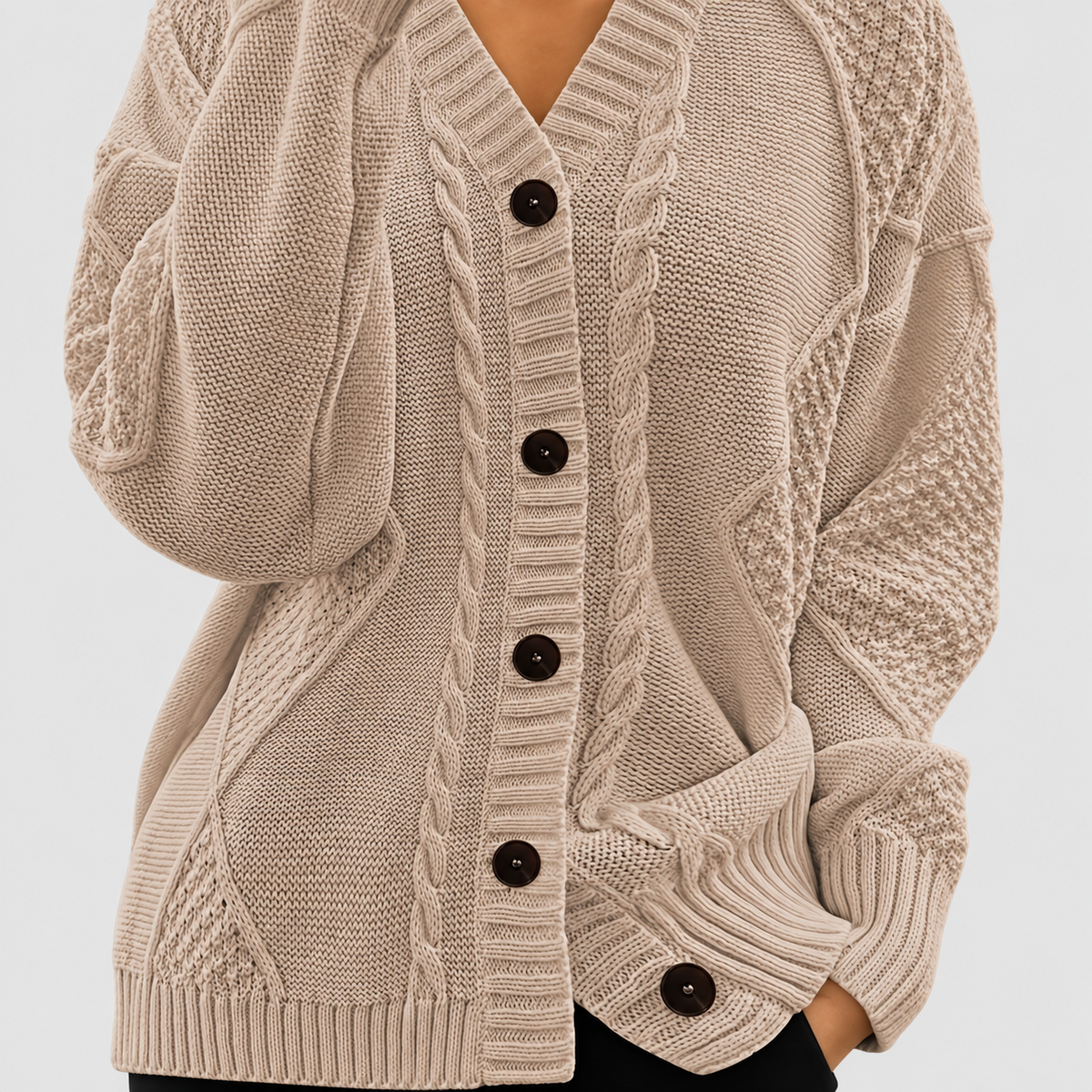 Letitia | Women’s Textured Cable-Knit V-Neck Cardigan — Khaki