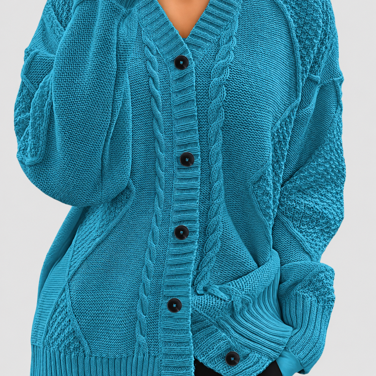 Letitia | Women’s Textured Cable-Knit V-Neck Cardigan — Dark Cyan