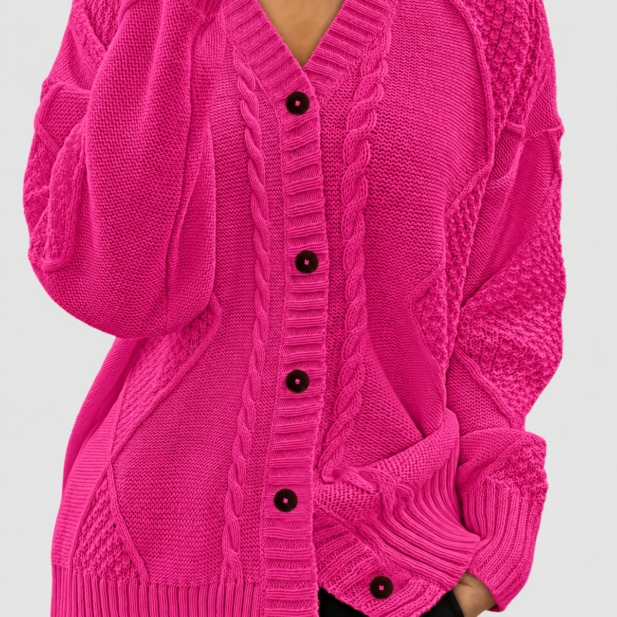 Letitia | Women’s Textured Cable-Knit V-Neck Cardigan — Rose Red