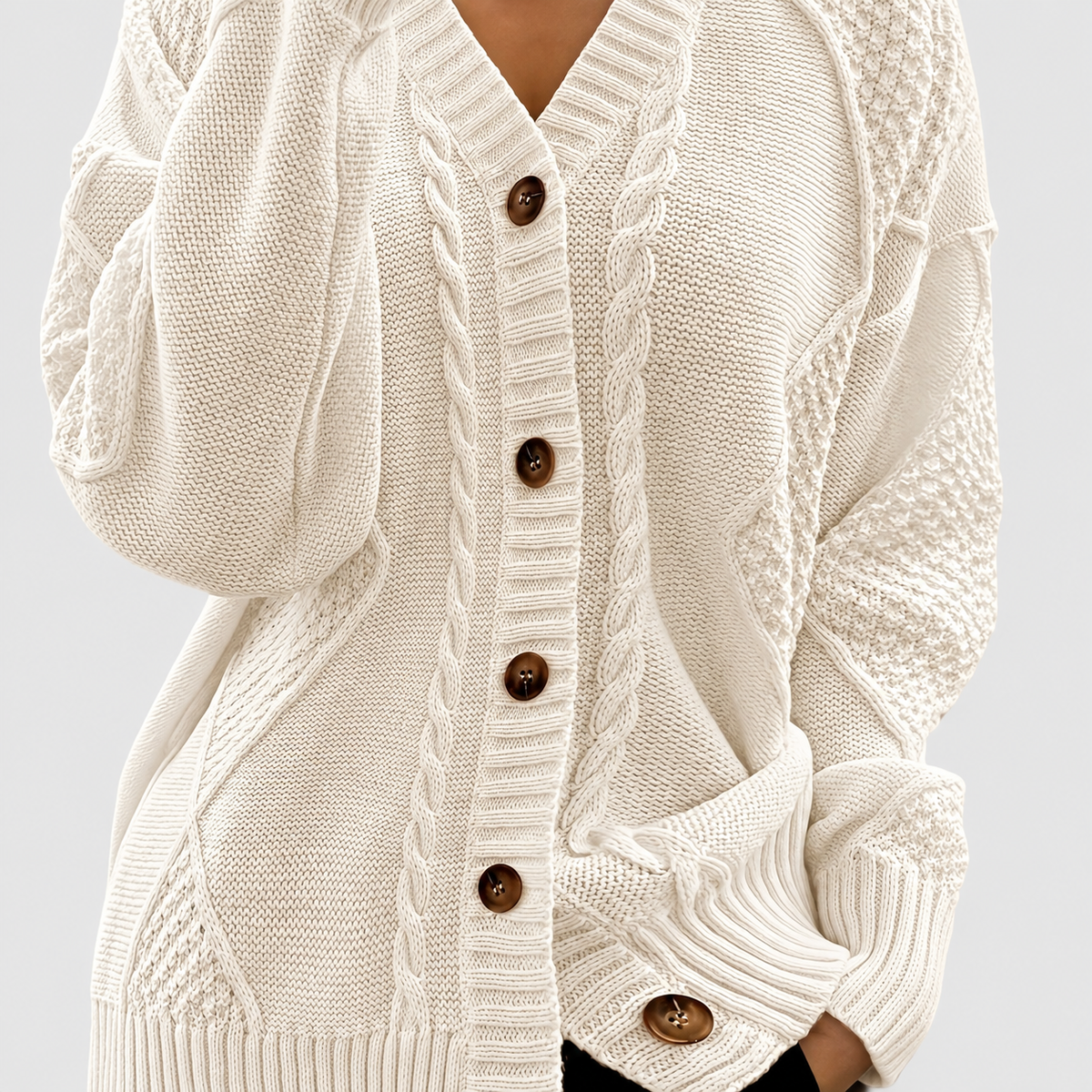 Letitia | Women’s Textured Cable-Knit V-Neck Cardigan — Apricot