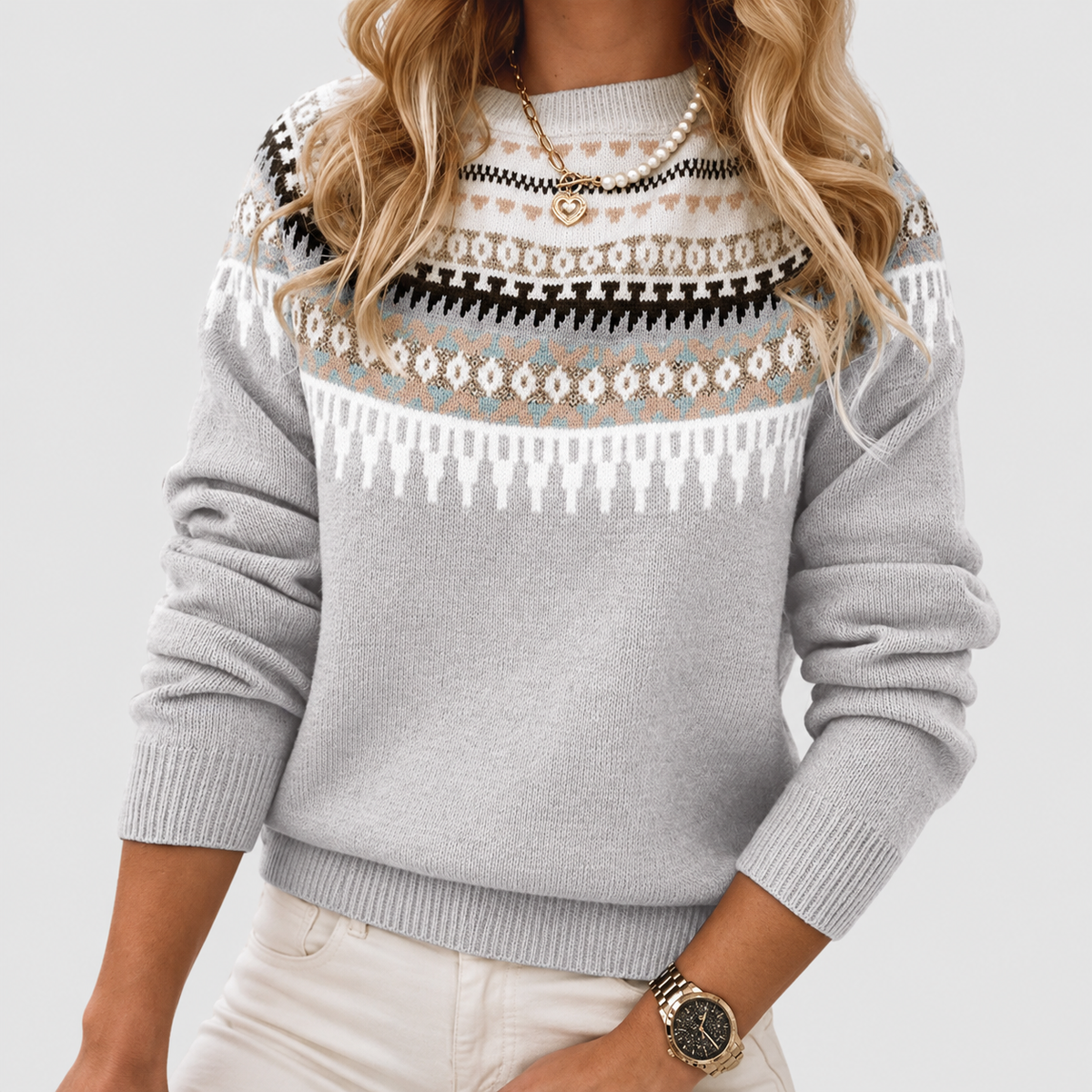 Liesl | Women’s Fair Isle Crew-Neck Sweater — Grey