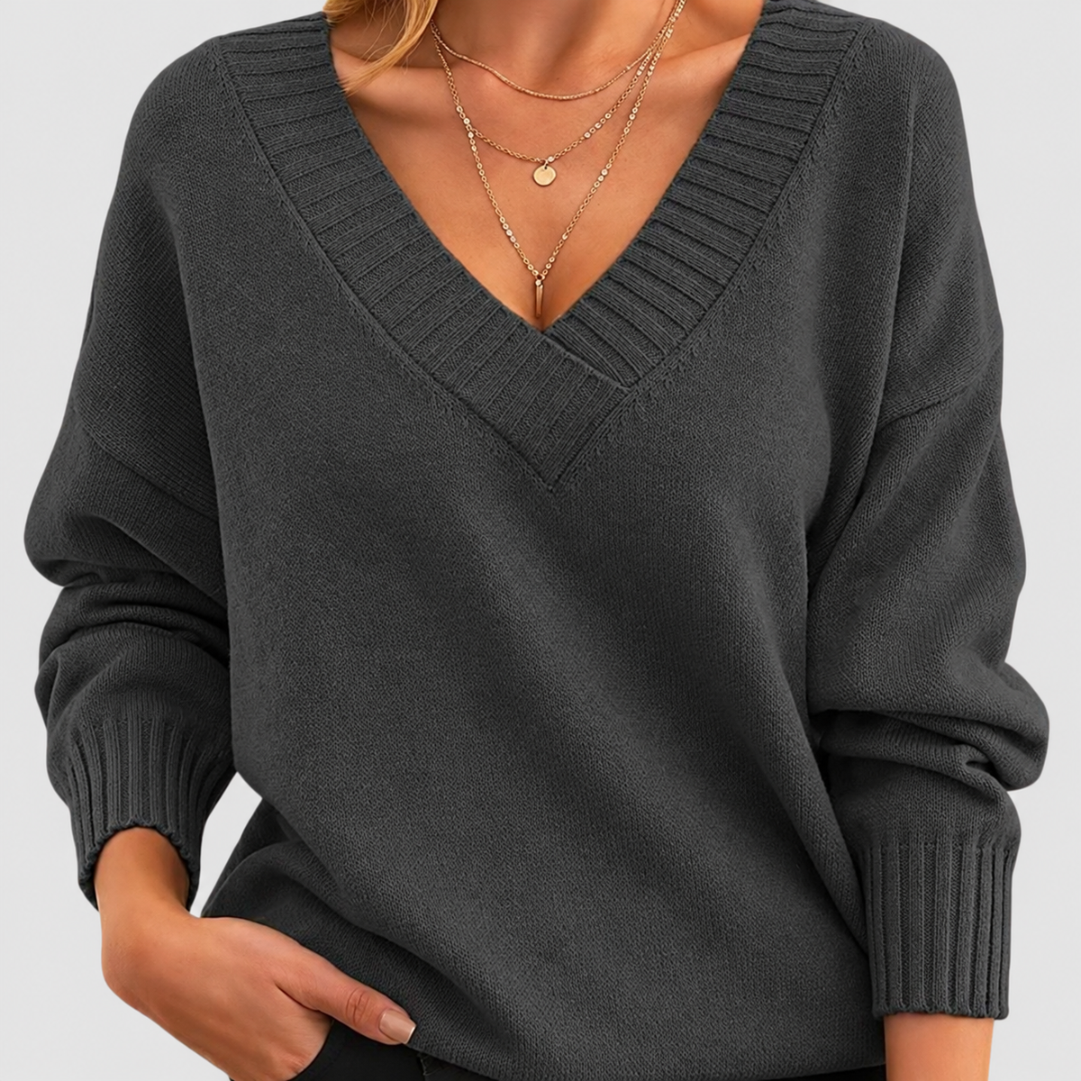 Liliane | Women’s Lightweight V-Neck Sweater — Dark Grey