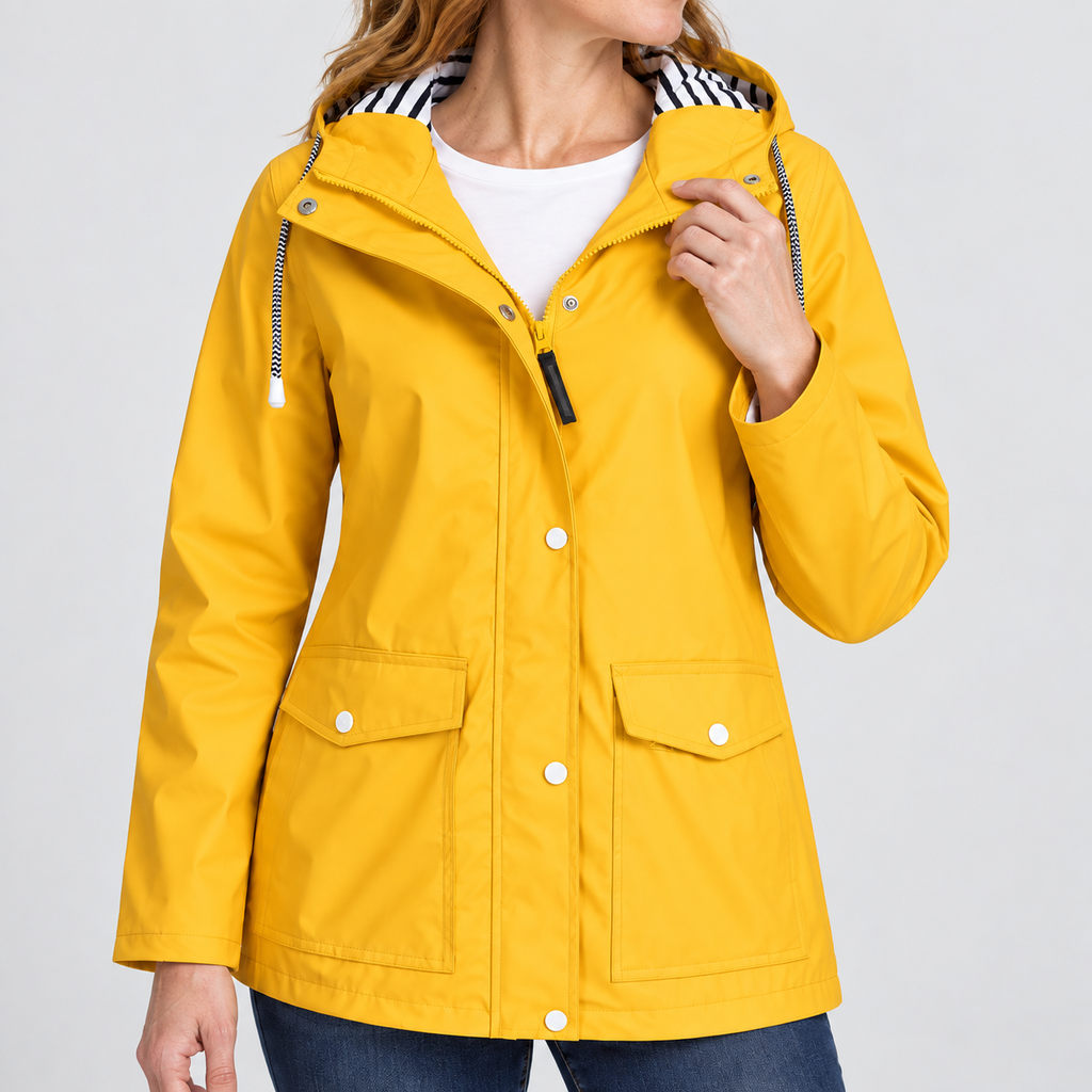 Close-up of hooded jacket with striped lining and flap pockets, showing texture and fastening details