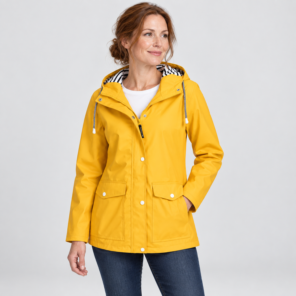 Yellow hooded jacket with striped lining and flap pockets worn by a model against a light grey studio background