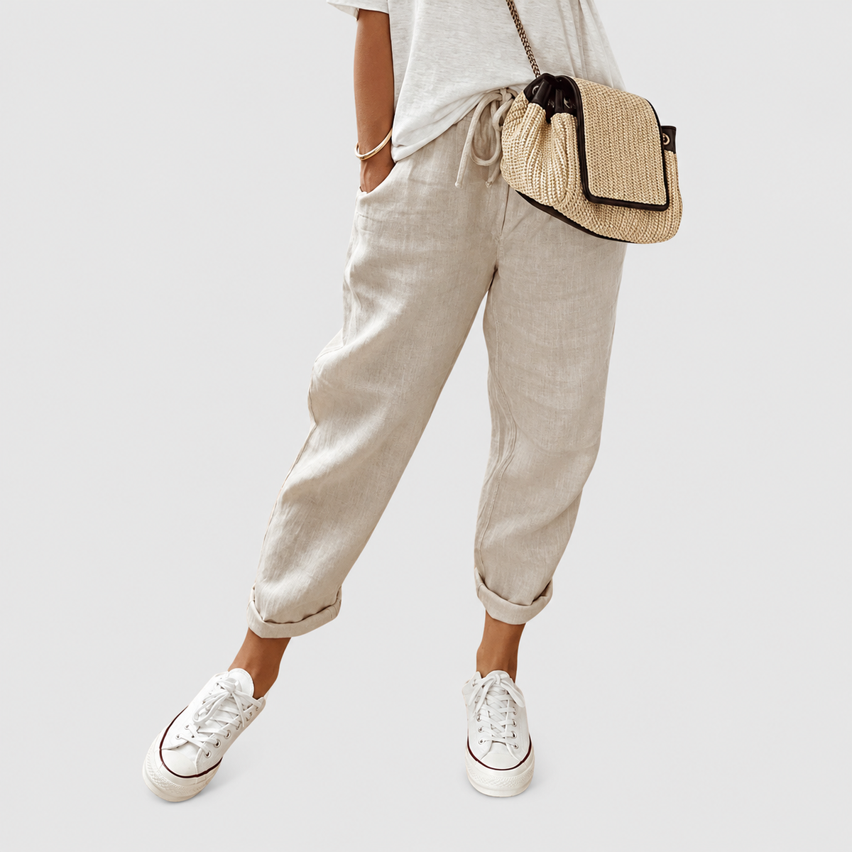 Linella | Women’s Cropped Drawstring Pants — Beige