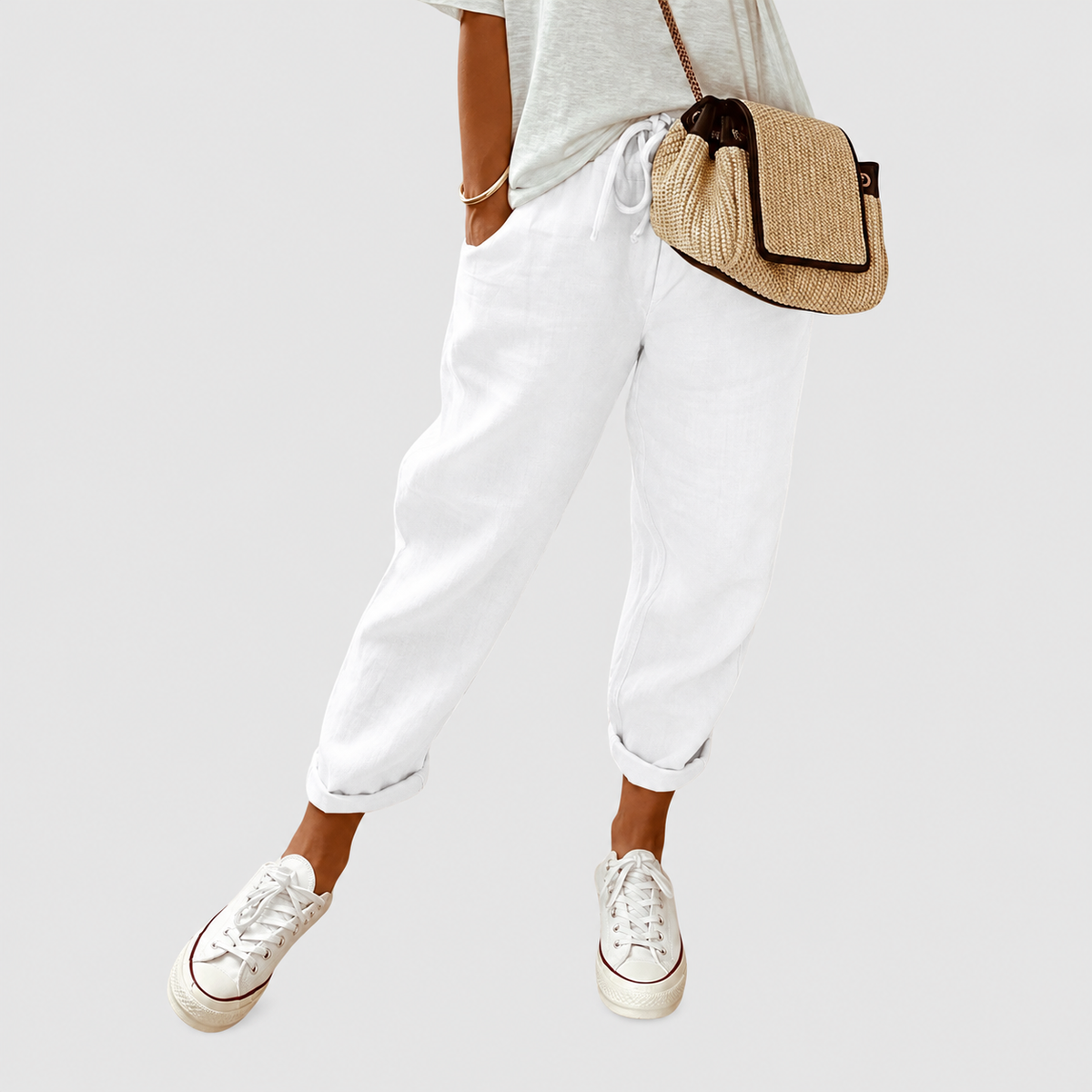 Linella | Women’s Cropped Drawstring Pants — White