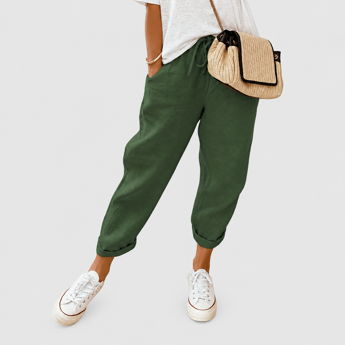 Linella | Women’s Cropped Drawstring Pants — Green