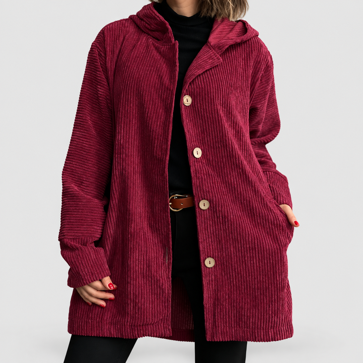 Linnea | Women’s Hooded Button-Front Jacket — Red