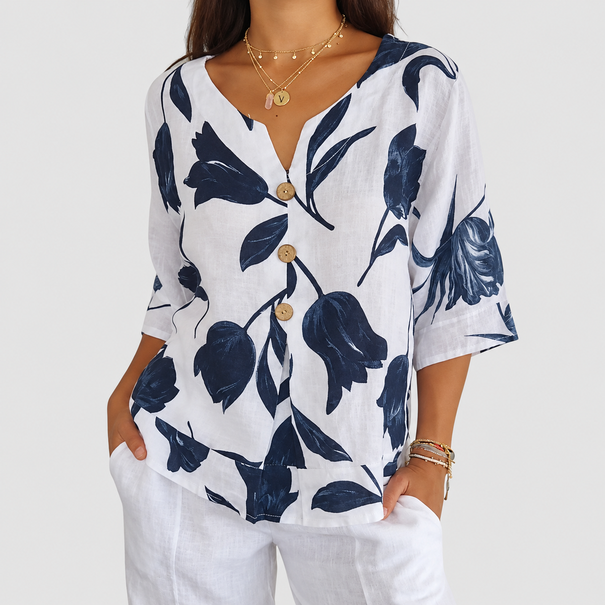 Liora | Women’s Floral V-Neck Blouse — White