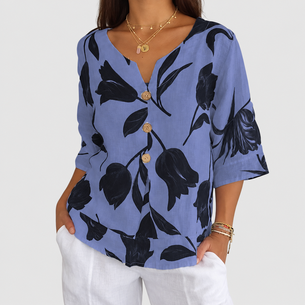 Liora | Women’s Floral V-Neck Blouse — Blue