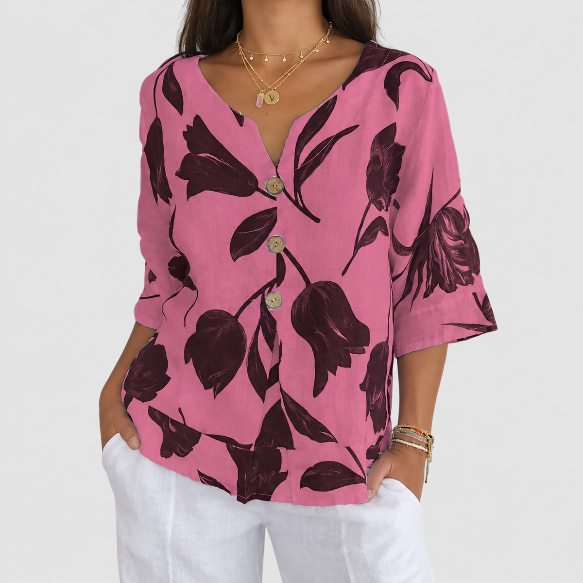 Liora | Women’s Floral V-Neck Blouse — Pink