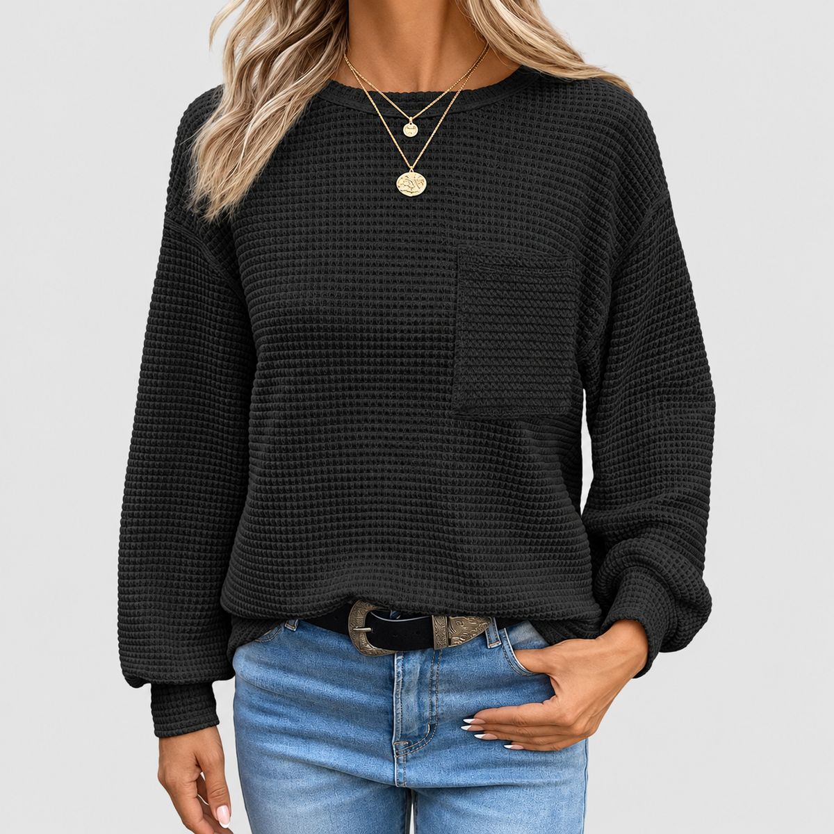 Liorina | Women’s Oversized Crew-Neck Long-Sleeve Top — Black