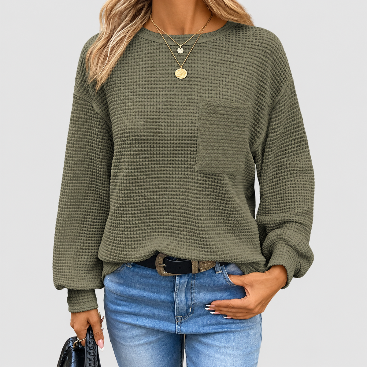 Liorina | Women’s Oversized Crew-Neck Long-Sleeve Top — Army Green
