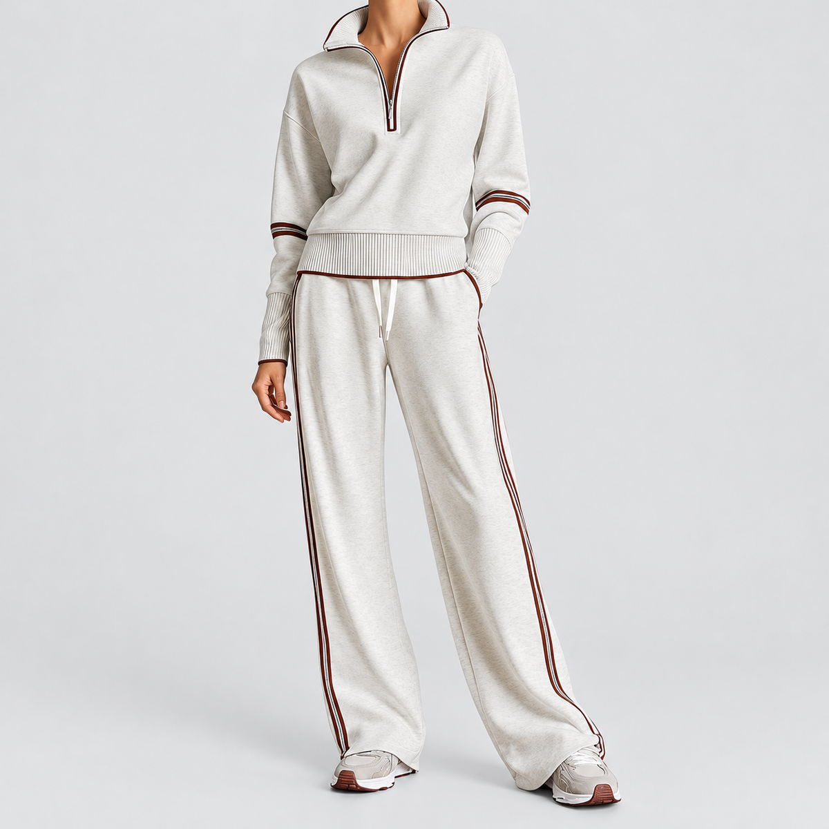 Lorelina | Women’s Quarter-Zip Lounge Set with Wide-Leg Pants — Grey