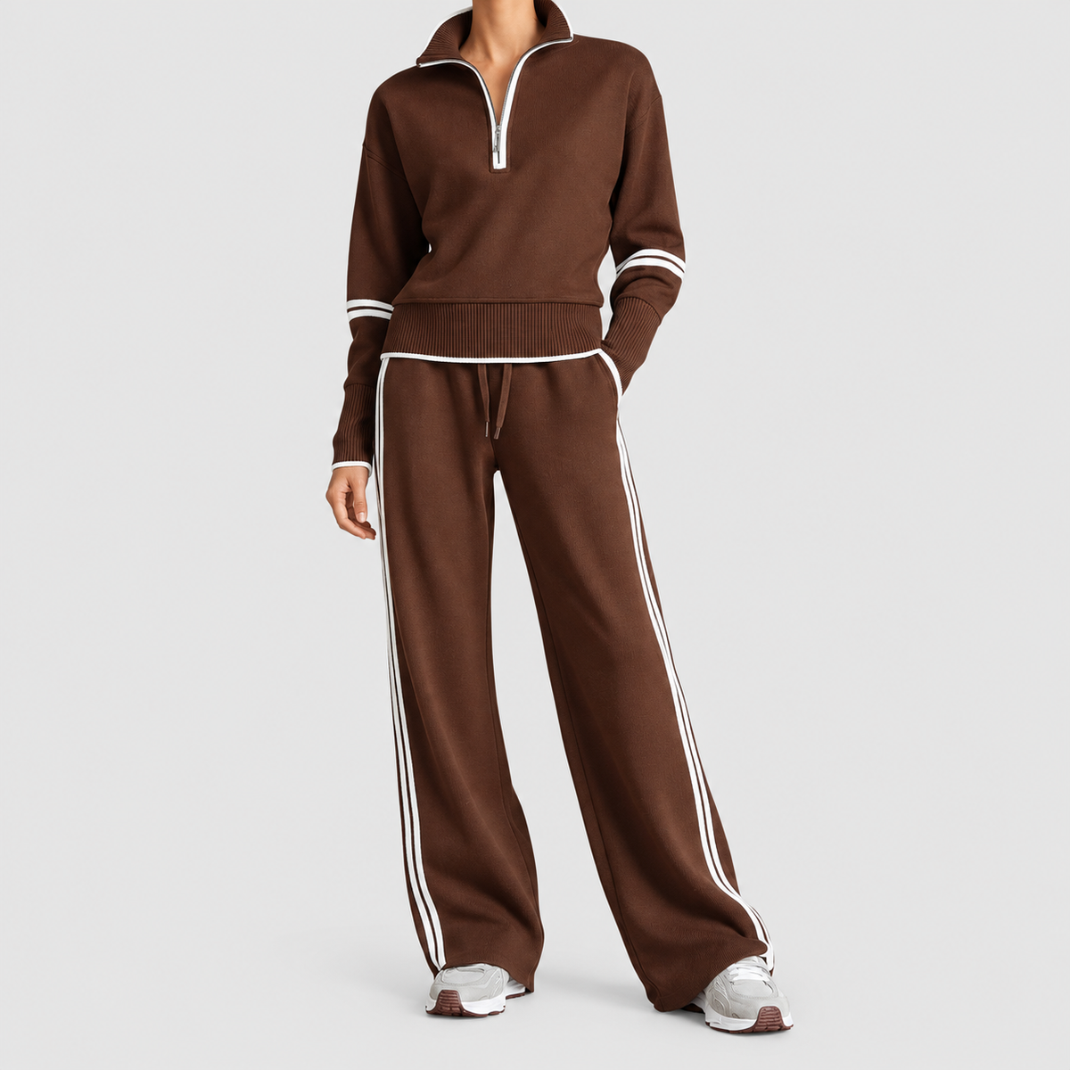 Lorelina | Women’s Quarter-Zip Lounge Set with Wide-Leg Pants — Brown