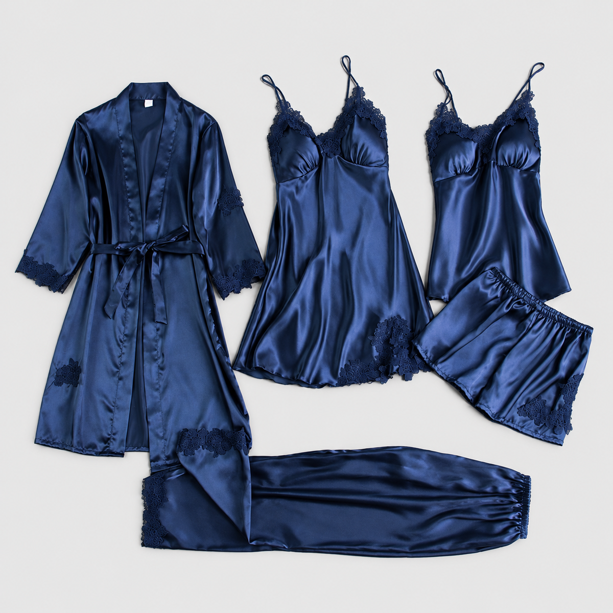 Lorelle | Women’s Five-Piece Lace-Trim Pyjama Set — Blue