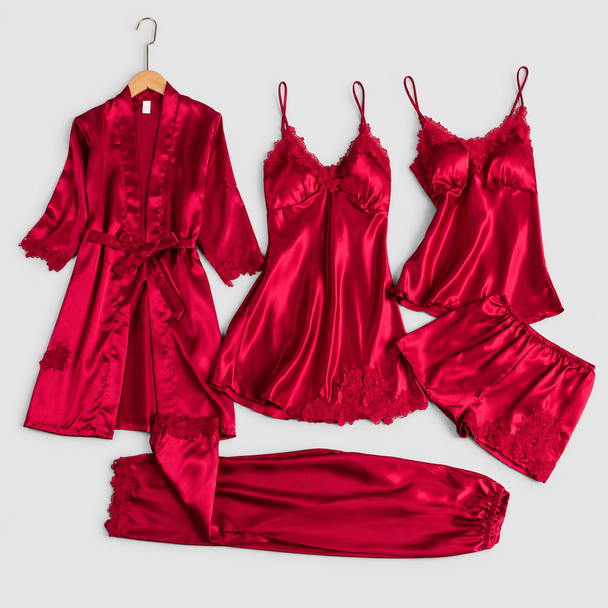 Lorelle | Women’s Five-Piece Lace-Trim Pyjama Set — Red