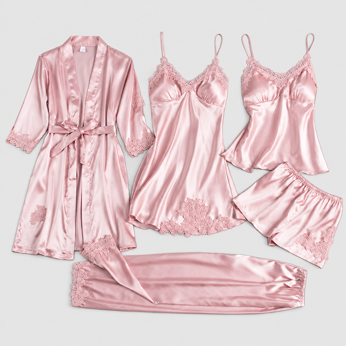 Lorelle | Women’s Five-Piece Lace-Trim Pyjama Set — Pink
