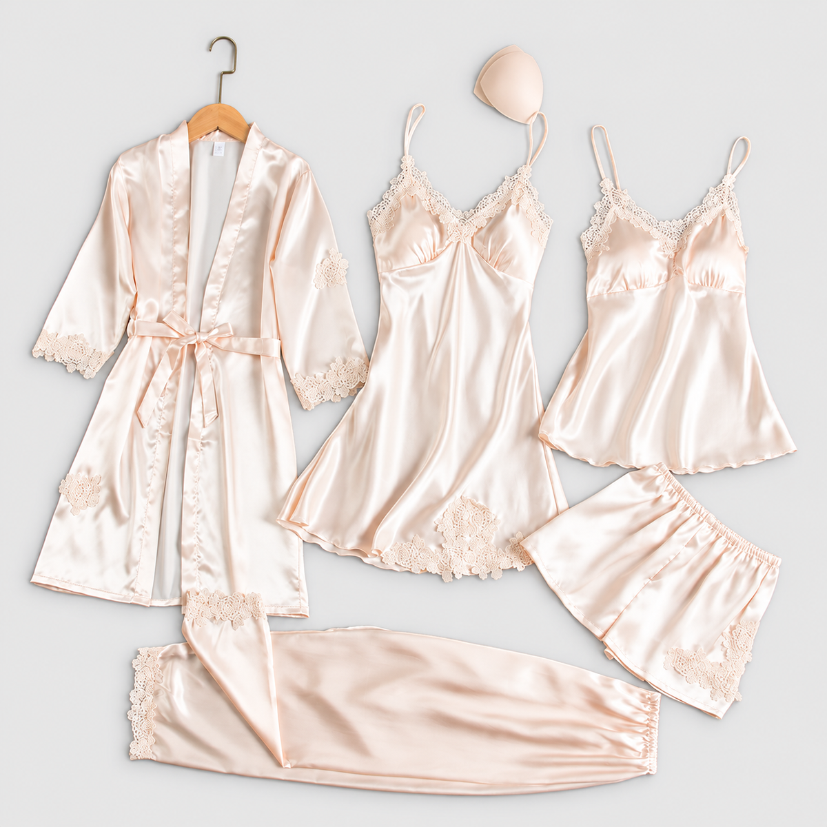 Lorelle | Women’s Five-Piece Lace-Trim Pyjama Set — White Gold