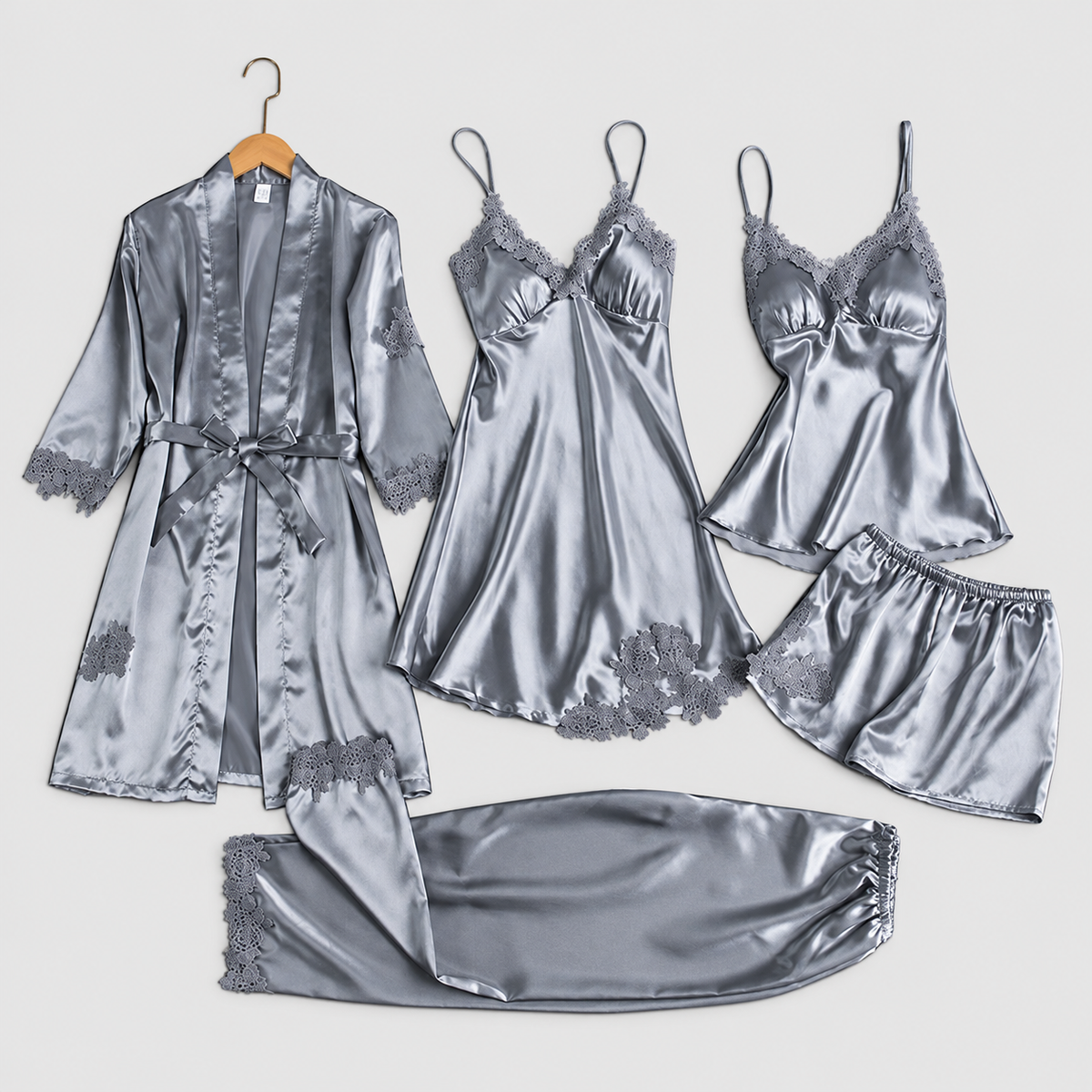 Lorelle | Women’s Five-Piece Lace-Trim Pyjama Set — Light Blue