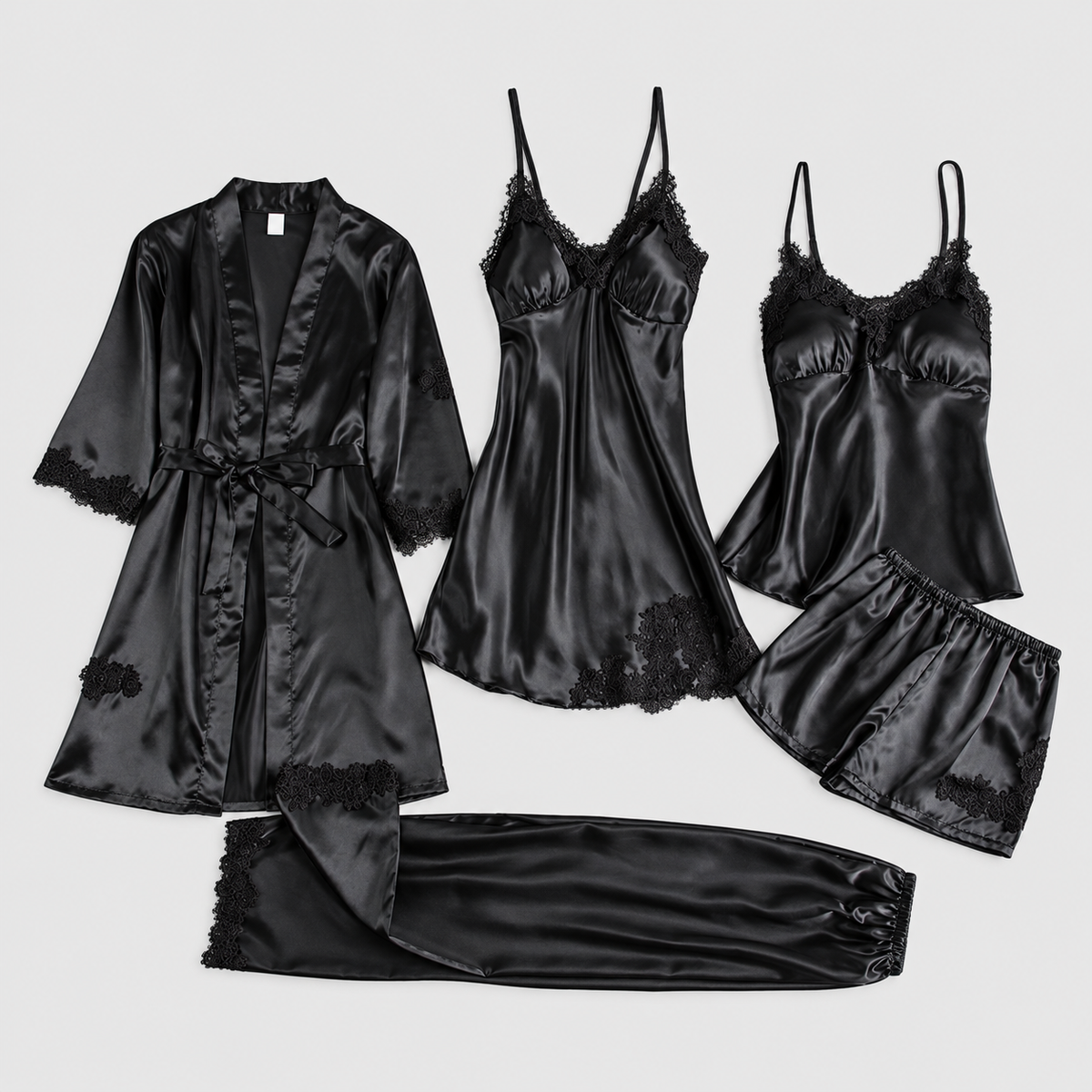 Lorelle | Women’s Five-Piece Lace-Trim Pyjama Set — Black