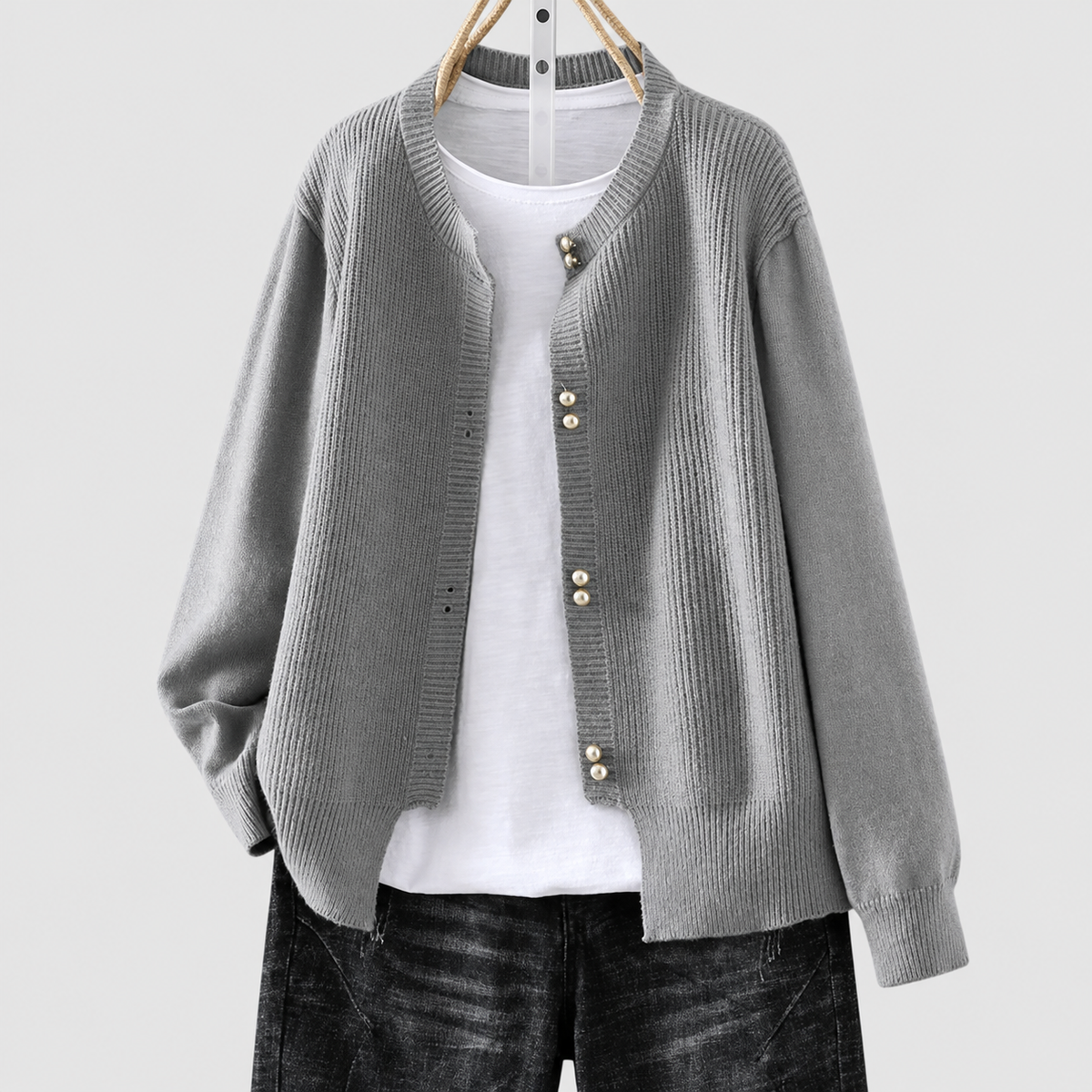 Loretta | Women’s Pearl-Style Button Cardigan — Grey