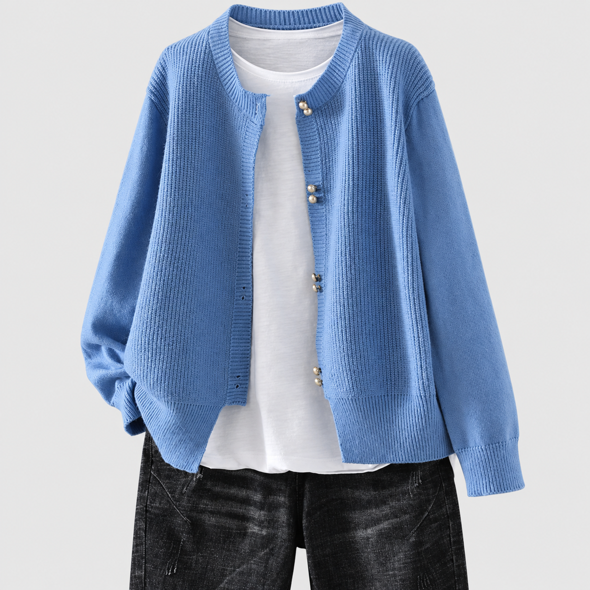 Loretta | Women’s Pearl-Style Button Cardigan — Blue