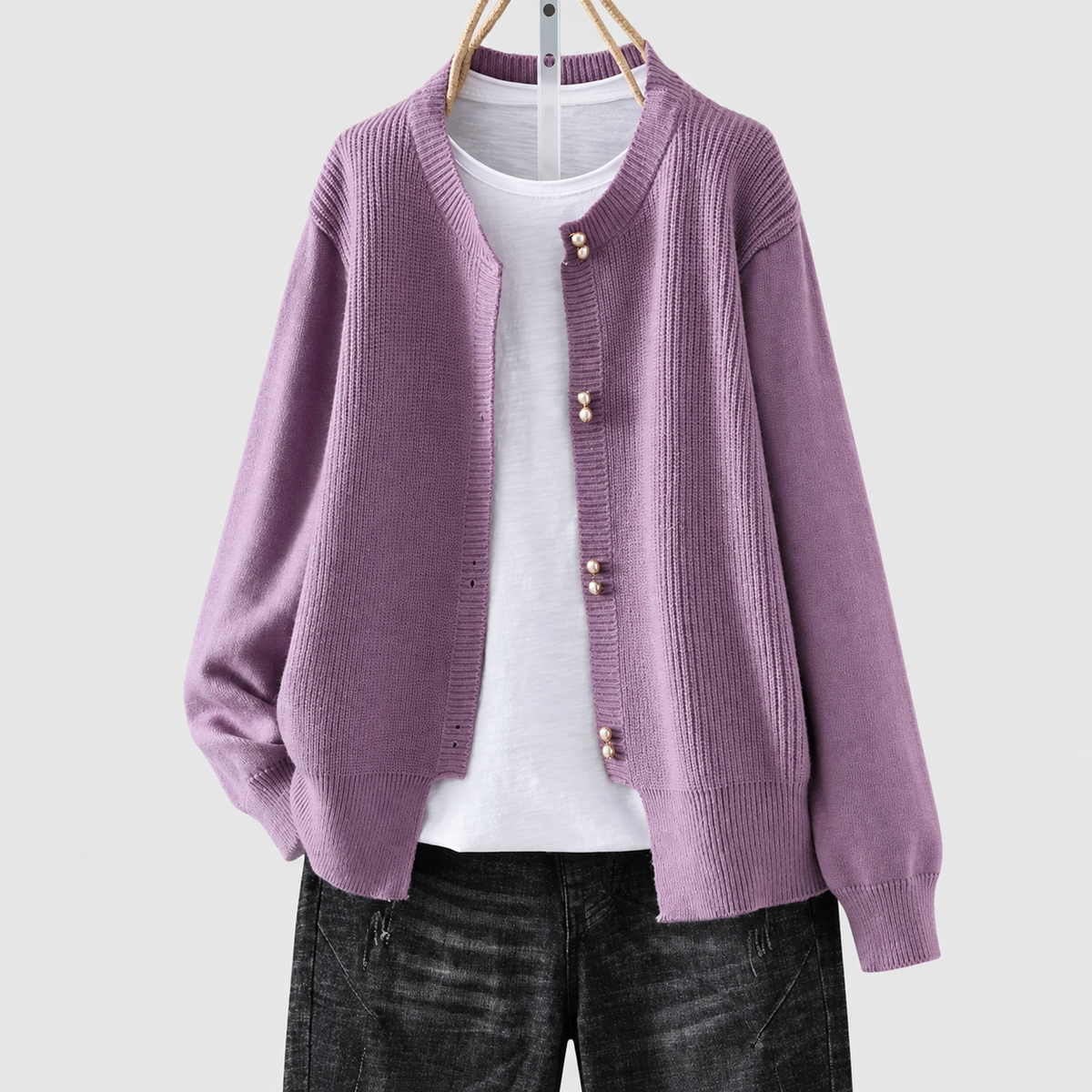 Loretta | Women’s Pearl-Style Button Cardigan — Purple