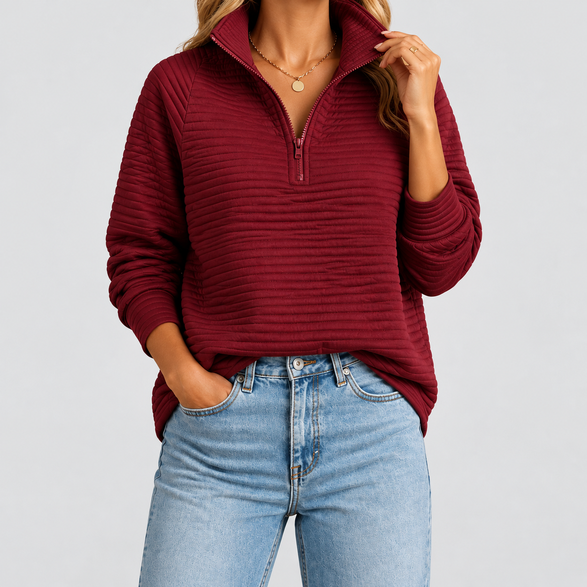 Lorielle | Women’s Ribbed Quarter-Zip Funnel-Neck Sweater — Dark Red