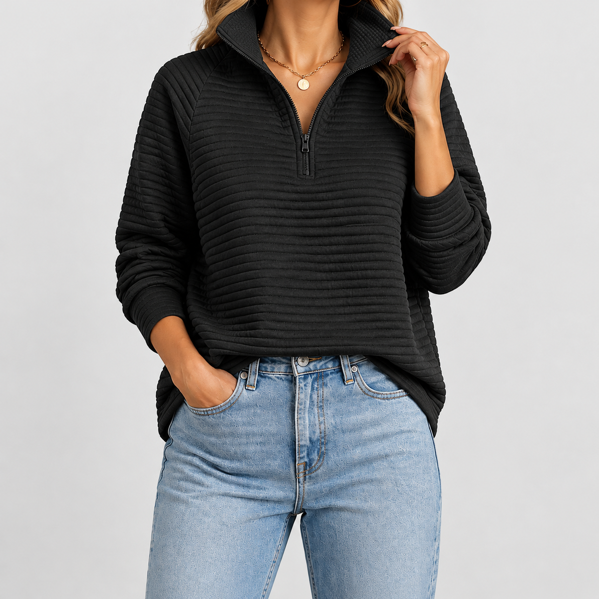 Lorielle | Women’s Ribbed Quarter-Zip Funnel-Neck Sweater — Black