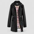 Lorinda | Women’s Hooded Trench Coat with Plaid Lining — Black