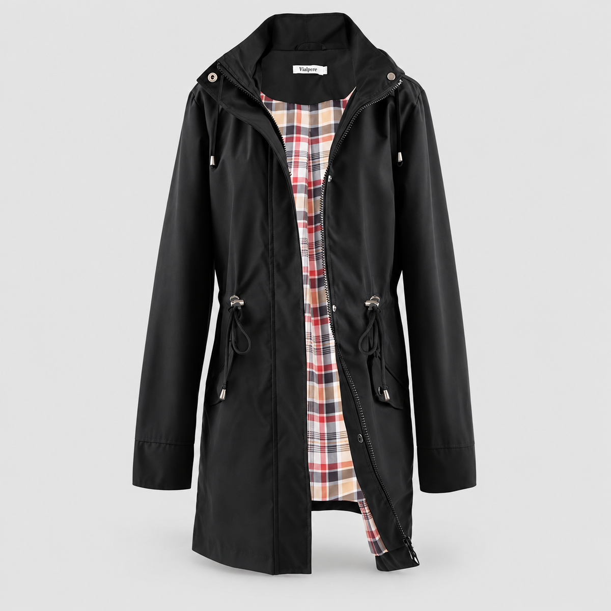 Lorinda | Women’s Hooded Trench Coat with Plaid Lining — Black