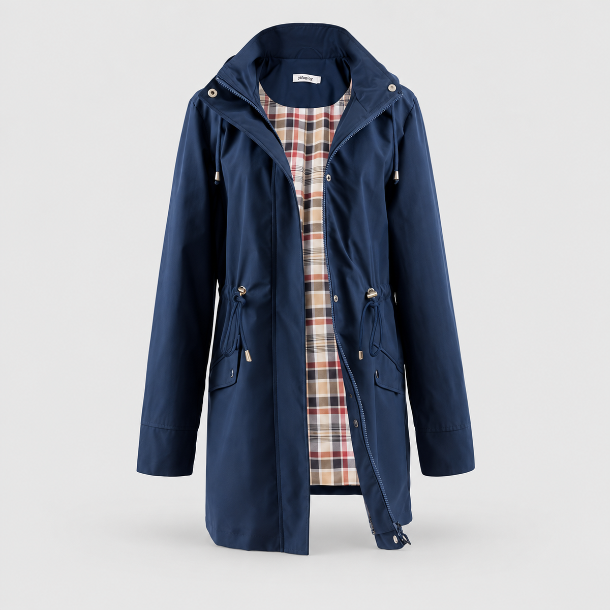 Lorinda | Women’s Hooded Trench Coat with Plaid Lining — Navy Blue