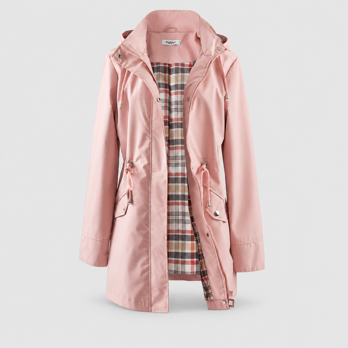 Lorinda | Women’s Hooded Trench Coat with Plaid Lining — Pink