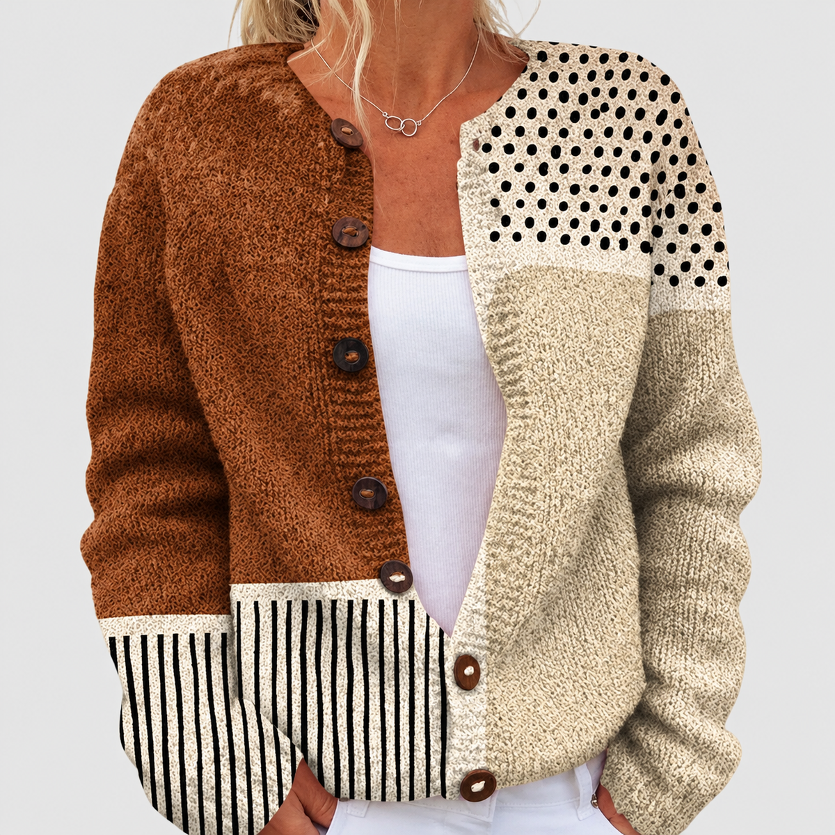 Lorna | Women’s Patchwork Button-Front Cardigan — product detail 1